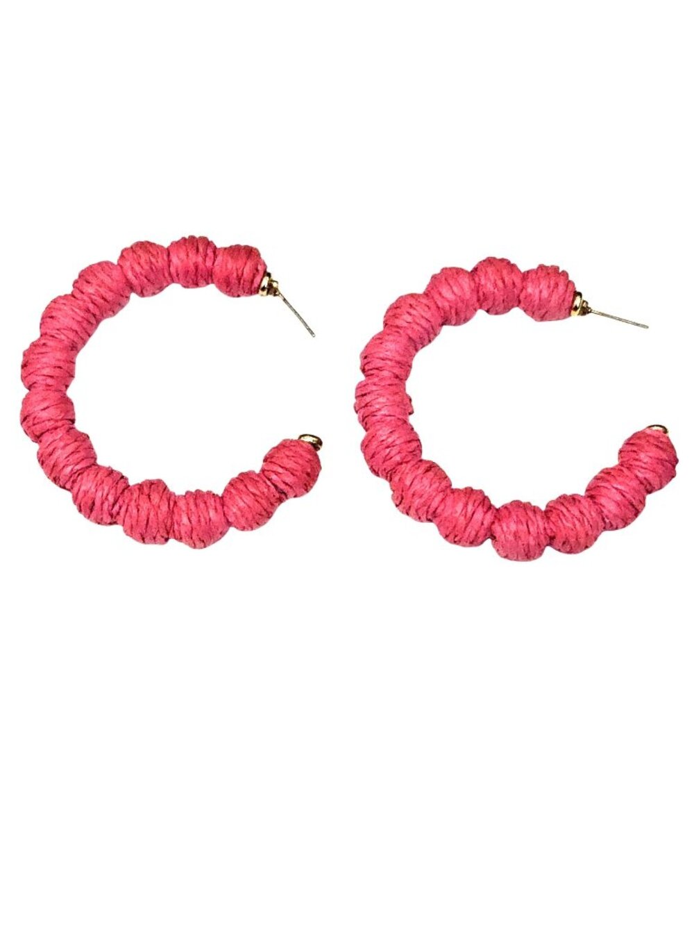 Dark Pink Wrapped Raffia Boho Hoop Statement Pierced Earrings
